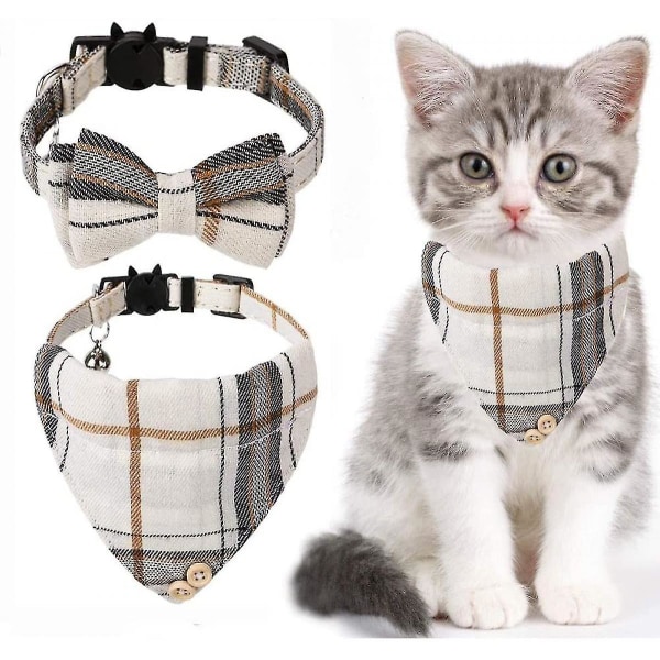 Sløjfe kattehalsbånd - 2 pakker klassisk plaid ternet Ginham kattehalsbånd med tørklæde og sløjfe - Justerbar størrelse med klokke