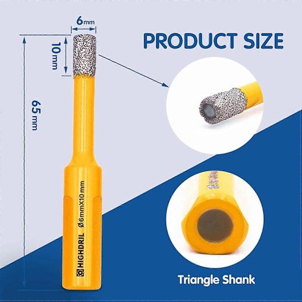 HIGHDRIL 5-pack 6 mm Diamantborrset för Betong, Granit, Marmor, Glas, Porslin, Kakel, Tegel, Triangulär Skaft