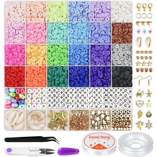 6000 stk Leireperler til armbåndslaging, 24 farger Flat Round Polymer Clay Perler 6mm Spacer Heishi Perler med anhengssett og elastiske snorer