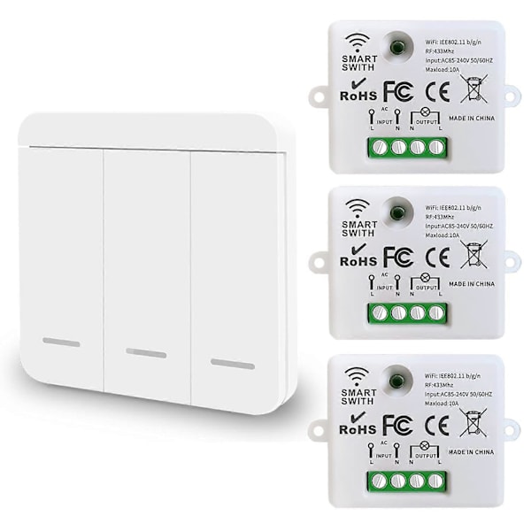 Mini Langaton WiFi-kytkin RF-kaukosäädin 2500W 10A 3 Vastaanotinta ja 1 Langaton Seinäkytkin Älykäs Ohjaus Sovelluksen Kautta