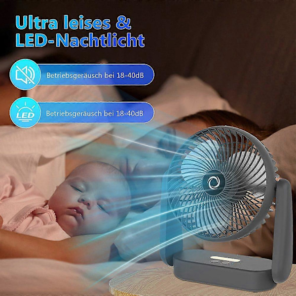 Pöytätuuletin Hiljainen tuuletin Mini USB-tuuletin LED-valolla harmaa Kompakti Kannettava Energiatehokas