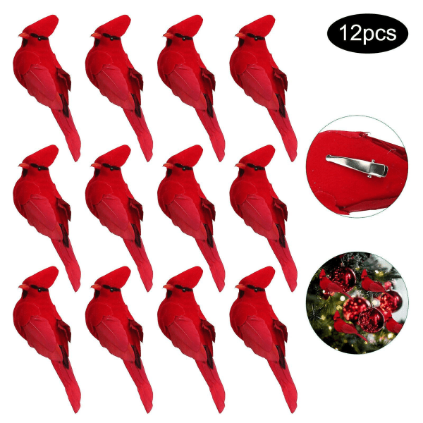 12 stk clip-on kunstige røde kardinaler julepynt fjærfugl jul