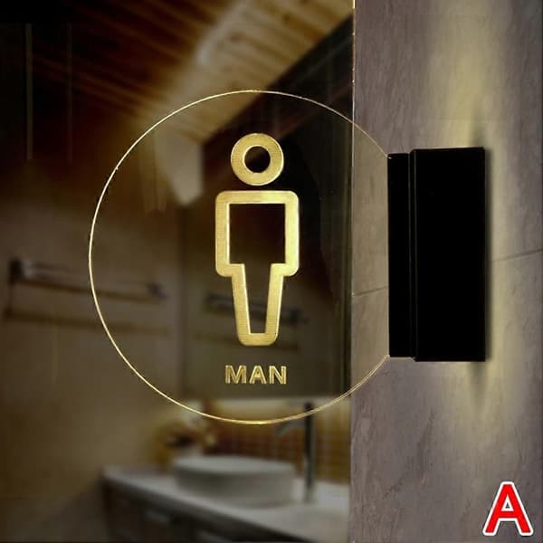 Vægmonteret toiletskilt, LED-toiletskilt, akryl rundt badeværelse oplyst A