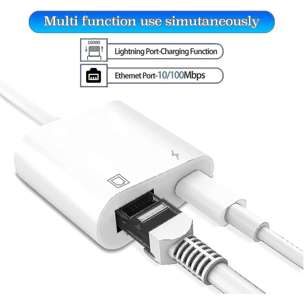 Lightning til Ethernet-adapter, kompatibel 2-i-1 Ethernet LAN-nettverksadapter med ladepunkt (hs)