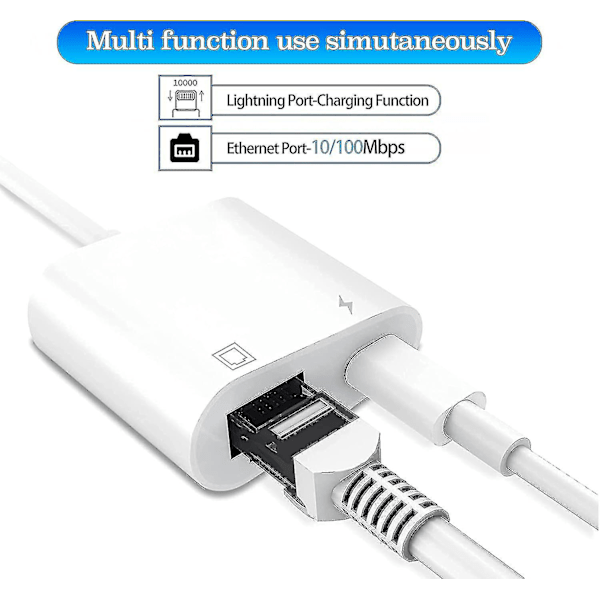 Lightning til Ethernet-adapter, kompatibel 2 i 1 Ethernet LAN-netværksadapter med opladningsport (hs)