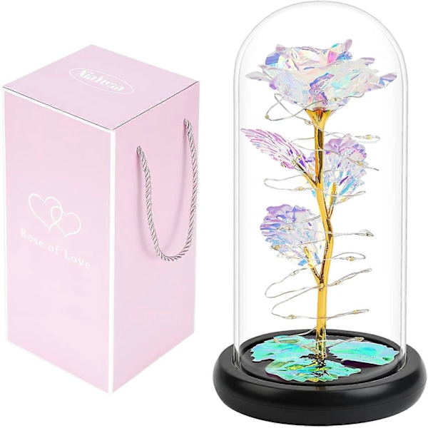 PIAO Valentinsdag Gaver til Hendes, Gave til Kvinder, Regnbue Rose i Glaskuppel med LED Lys, Kunstig Evighedsblomst, Unikke Gaver til Kæresten,