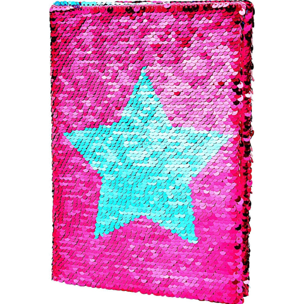 Vändbara paljetter Notebook Dubbelsidig Flip Paljetter Notebook Journal med stjärnmönster, blått och rosa