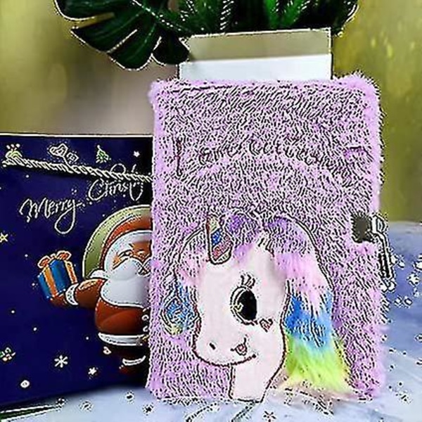 Plyschdagbok med lås, härlig Unicorn Fluffy Notebook, unicorn Diary med lås och nycklar, plysch Unicorn Notebook, Plysch Secret Diary Fodrad Notebook för Wr