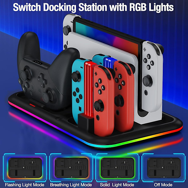RGB-omkopplare laddningsstation för Switch/Switch Oled, laddningsdocka för Joycon och Switch Pro-kontroller, Switch-tillbehör