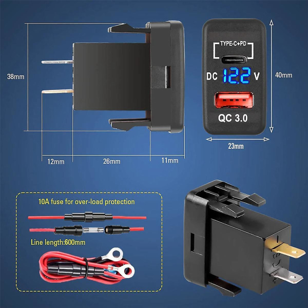 12v-24v USB-uttak Dobbel Hurtigladning 3.0 & PD USB-C Portlader Sokkel Strømadapter For Bil Båt