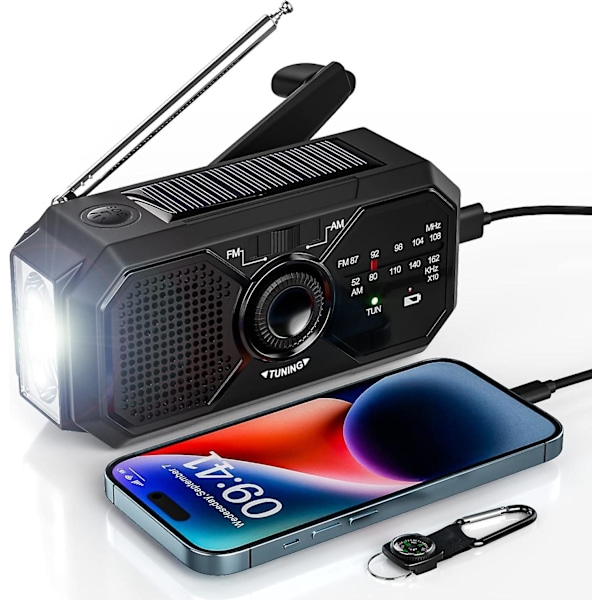 Bærbar Radio Håndsveiv Solcelle Radio Overlevelse AM/FM Dynamo Radio USB-C 2500mAh Oppladbar med LED Lommelykt SOS Alarm Kompass Liten Radio for Utendørs