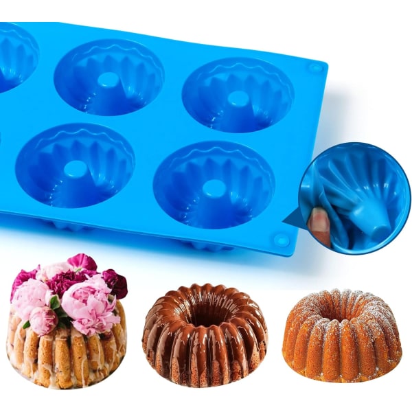 3 stycken minikakformar, 6-håls traditionella molds i silikon för bakning, non-stick snygga molds för räfflade tårtor (räfflade rör)