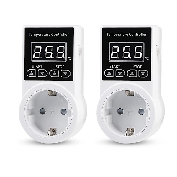 2 stk. Termostat Stikkontakt med Sensor, Digital Temperaturstyring Stikkontakt, Vandafvisende Temperatur S