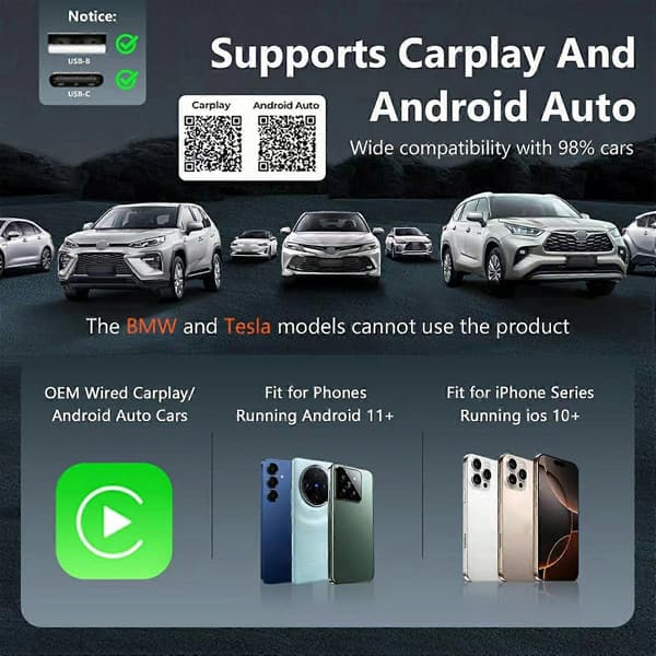 Mini 2-i-1 Trådlös CarPlay Android Auto-adapter för Inbyggda CarPlay/Android Auto-fordon