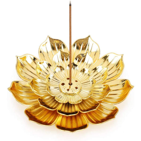 Røgelsesholder i zinklegering, Lotus Stick Røgelsesbrænder, Røgelsesholder til Stick/Spiral/Kegle Røgelse, Med Askeopsamler, Guld
