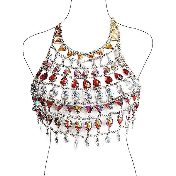 Kroppskedja Bh Guld Sexig Rhinestone Bikini Bh Halter Neck Rygglös Sekvens Kedja Bh Strand Kropp Tillbehör Smycken Kvinnor Och Flickor (röd)