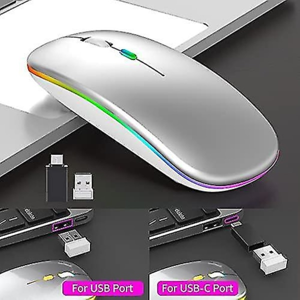 Led trådløs mus, genopladelig ultratynd lydløs mus 2,4 g bærbar mobil optisk kontormus med usb og type c-modtager, 3 justerbar dpi