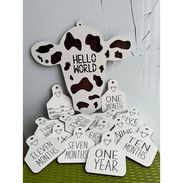 14 kpl puisia 3d Highland Cow -teemoja baby kuukausittaiset virstanpylväsmerkit syntymäilmoitukset, Highland Cow virstanpylväsmerkit