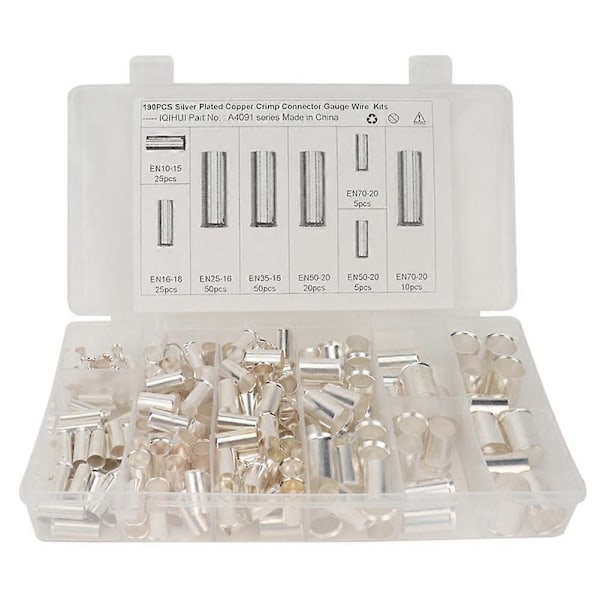 190 kpl (AWG 8 6 4 2 1 2/0) 2/0-8 Gauge Johdinholkkisarjat Pinnoitettu Kupari Puristusliitin Holkit Pin Johtimen Pää