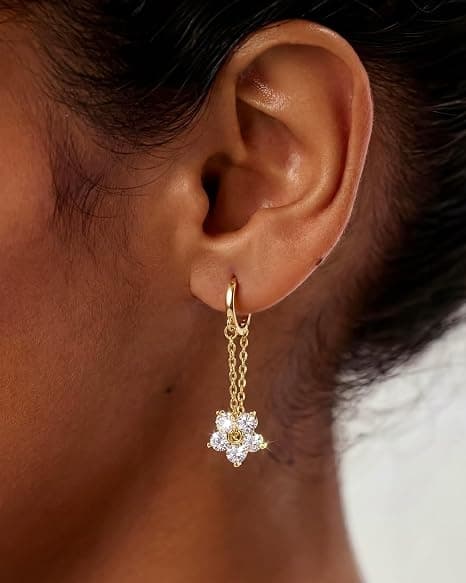 Damemode 14K guldbelagte øreringe, dingleøreringe, enkle cubic zirconia blomster dingleøreringe