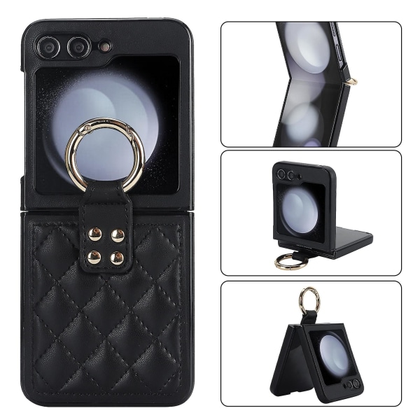 Case Samsung Galaxy Z Flip 5:lle renkaalla, ylellinen pehmeä romboidi naisille miesten pu-nahka + kova PC Z Flip 5 case cover