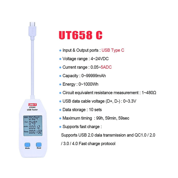 Ut658c Digital Lcd Usb Tester Detektor Spenning Strøm Lader Effekt Kapasitetsmåler Med Data Lagring