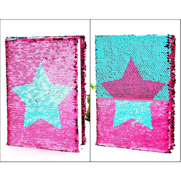 Vendbar Sequins Notesbog Dobbeltsidet Flip Sequins Notesbog Journal med Stjerne Mønster, Blå og Pink
