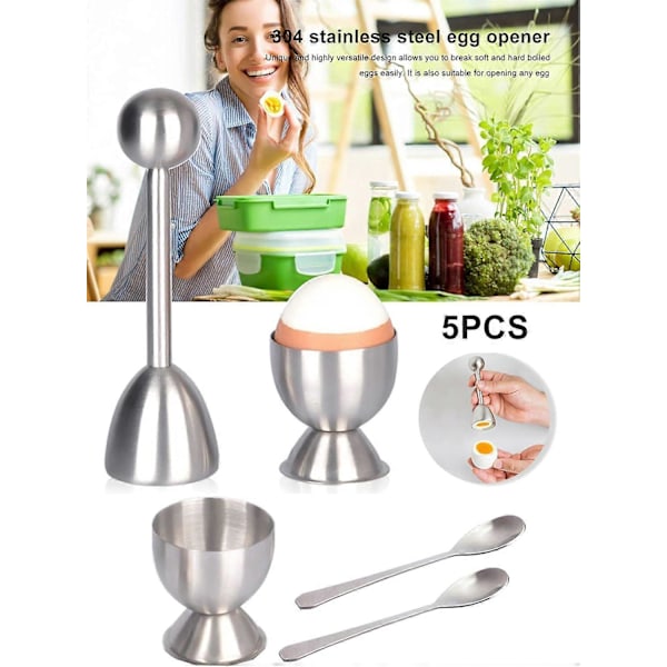 Egg Cracker Topper Sett med 5 - Inkluderer 2 Eggkopper, 2 Skjeer og 1 Kutter - Rustfritt Stål Enkel Eggåpner