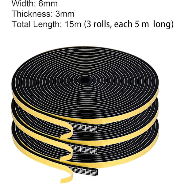Selvklebende Værstripping Skumtape 6mm(b) X 3mm(t) 3 Ruller, totalt 15m Lang