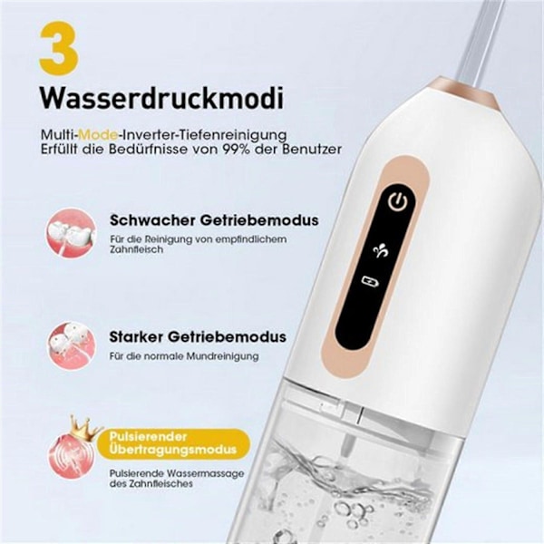 Sladdlös munskölj med 4 munstycken, 3 nivåer, 360° roterbart huvud, portabel design