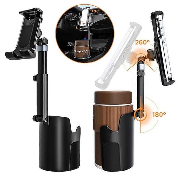 2-i-1 Roterende 360° Multifunksjonell Bilkoppholder og Telefonfeste Dobbel Utvider A