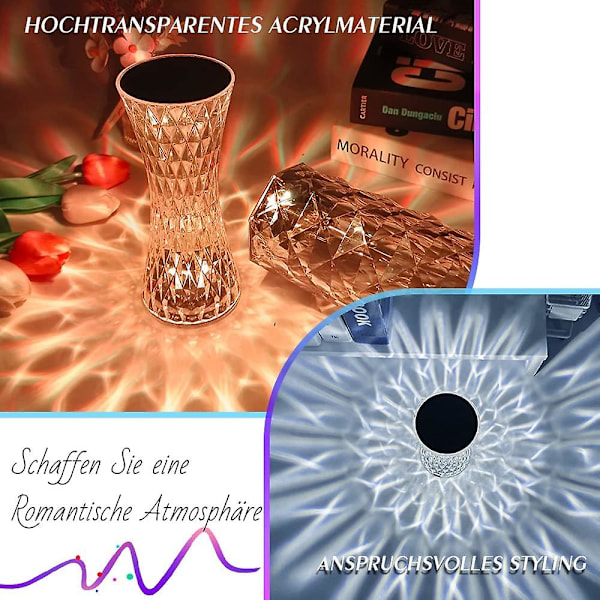 Rose Shadow Krystall Bordlampe Dimbar Berøringsaktivert Oppladbar Krystalllampe med Fjernkontroll Soverom RGB Fargeskiftende Nattelys (B-16 Farger)