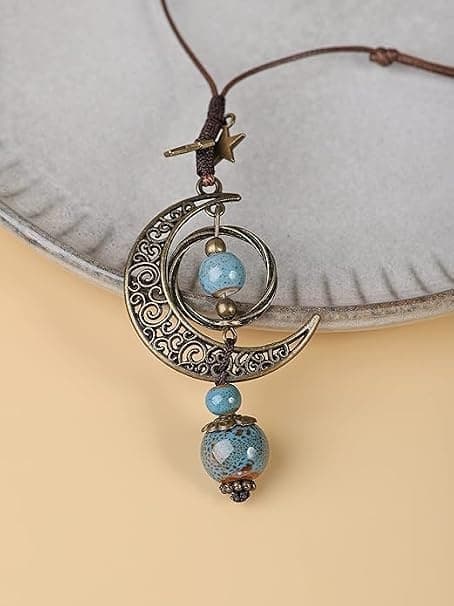 Retro boheme hippie keramisk perle halvmåne lasso halskæde
