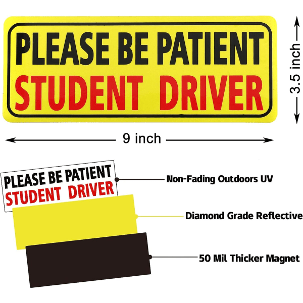 4 kpl automagneetteja, olkaa kärsivällisiä opiskelijakuljettajia, turvallisuusvaroitus uusille kuljettajille -tarrat, magneettisia heijastavia aloittelijoiden kuljettajien puskuritarrat (mustat)