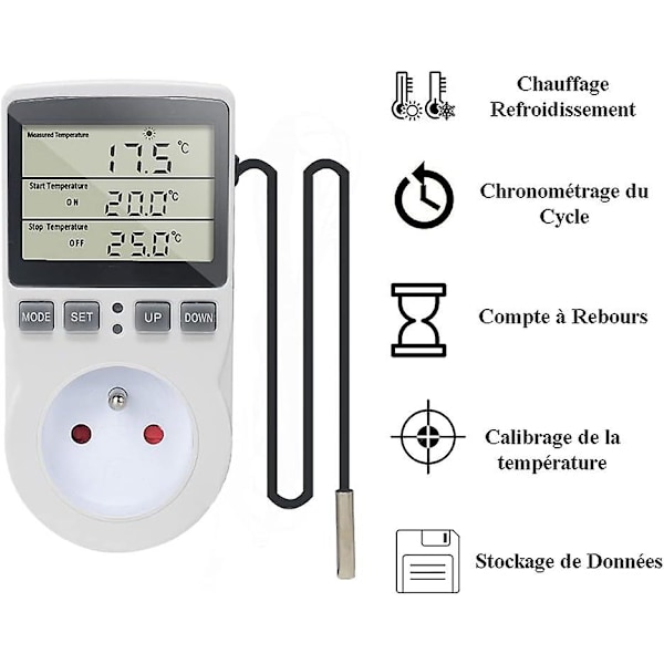 250V Digital Temperaturregulator Termostat Sokkel Oppvarming Kjøling med Sensor, LCD Temperaturregulator Sokkel for Kjøleskap Inkubator Drivhus F