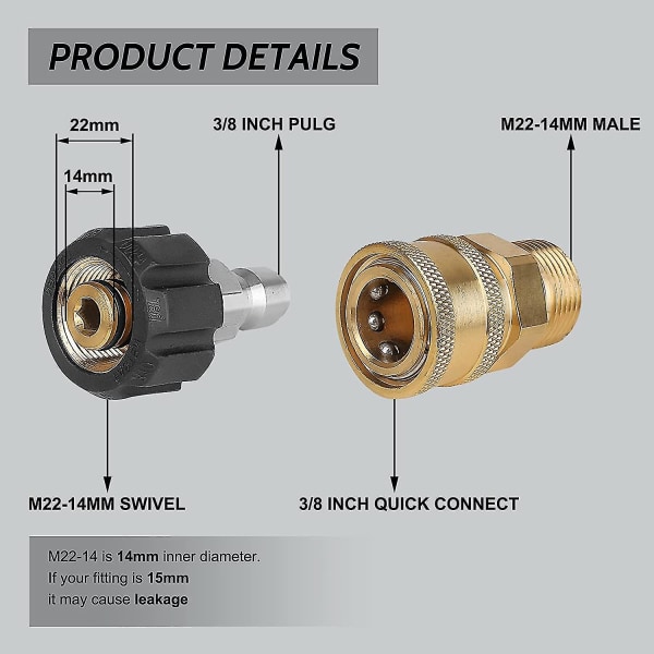 Trycktvättsadapterset, Snabbkopplingsslangkopplingar, Mässingkopplingar av M22-14 Swivel till 3/8\" Snabbkoppling, 3/4\" Han till 1/2\" Snabbkoppling, 8
