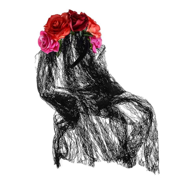 Kvinders Dia De Los Muertos Rose Flower Costume Headpiece Halloween Day Of The Dead Veil (rød Pink Black Veil)