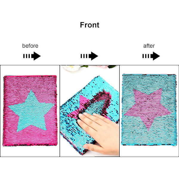 Vendbar Sequins Notesbog Dobbeltsidet Flip Sequins Notesbog Journal med Stjerne Mønster, Blå og Pink