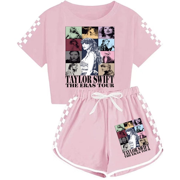 7-14 år gamla flickors Taylor Swift avslappnade T-shirt toppar shorts set pyjamas hem kläder sportkläder kostymer kläder pink 130cm