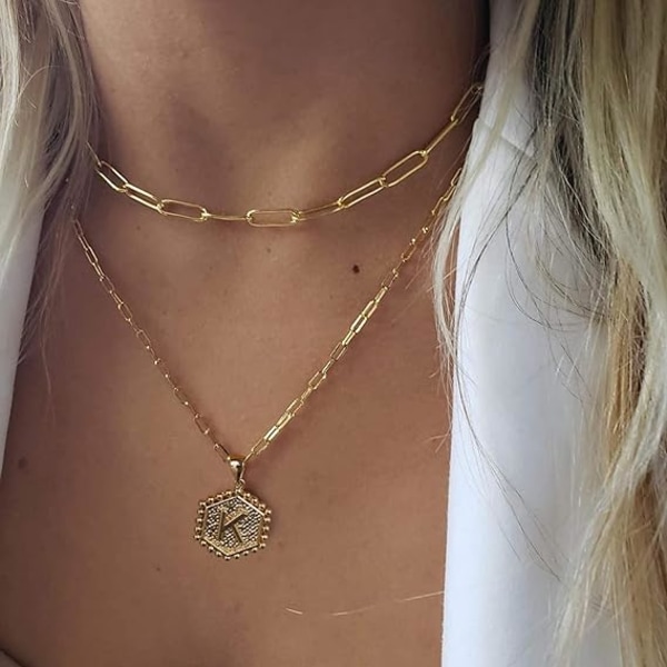 Delikat Lagdelt Initial Halskjede for Kvinner Trendy, 14K Ekte Gullbelagt Papirklippkjede Halskjede Søt Sekskantet Alfabet Hengesmykke Initial Choker Halskjede