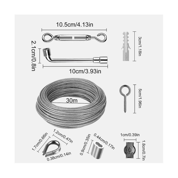 30m 3mm Ståltrådsats, 304 Rostfritt Stål Spänntråd, Ståltråd med Ögla Spännare