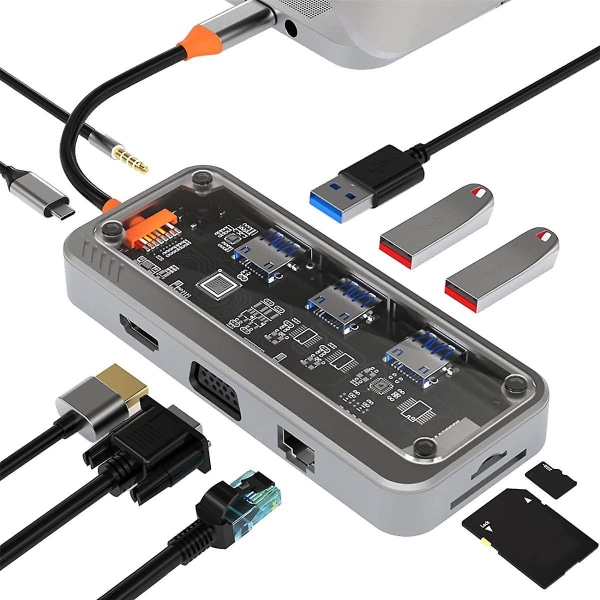 10-in-1 USB-C-hubiadapteri, USB-C-kannettavan telakointiasema kahdelle näytölle, USB 3.0 ja 2.0 portit, 100 W PD