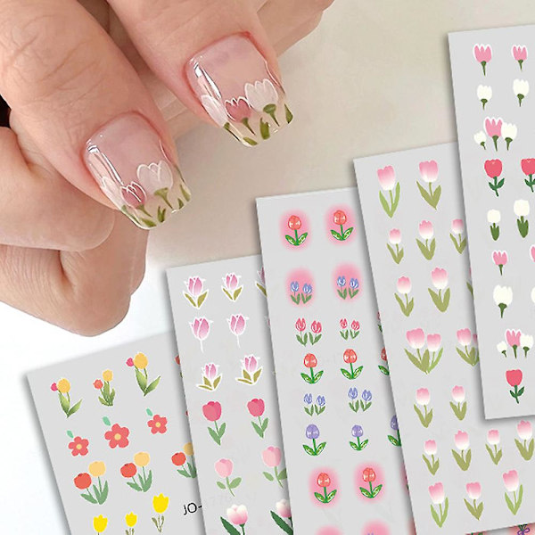 Dhrs Blomster Neglekunst Stickers Dekaler, Negle Forår Tulip Blomster Blade 3d Selvklæbende Design Manicure Tips