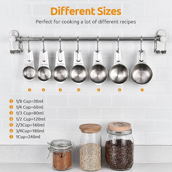 Målekopper Sett med 7: 18/8 Rustfritt Stål Kjøkkenkopp med Bredt Håndtak for Tørre og Flytende Ingredienser, 30ml, 60ml, 80ml, 120ml, 160ml, 180ml, 240ml