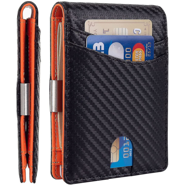 Minimalistisk slimmad plånbok för män, premiumläderplånbok med pengaklämma, Rfid-blockerande framficka Snygg Bifold-plånbok (svart & orange)