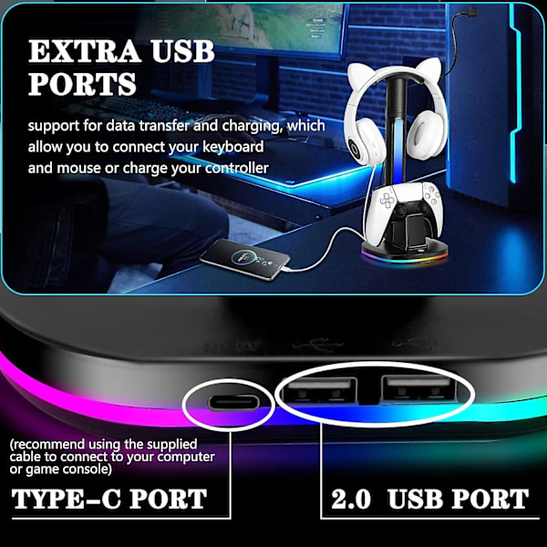 Laddningsstation för PS5-kontroller med RGB-hörlursstativ, PS5-kontrollerladdare med 2 USB-portar, headsetladdningsstativ