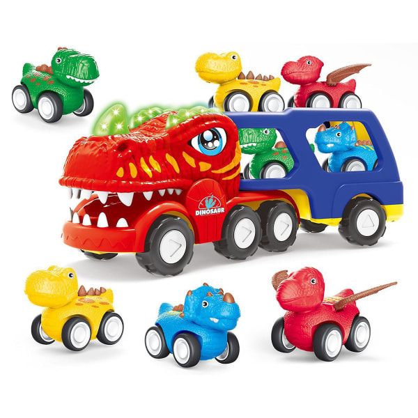 Dinosaur Toy Truck Set med ljud och ljus - friktionsdriven transportbil med spray Mini Dinosaur Pull Back-fordon