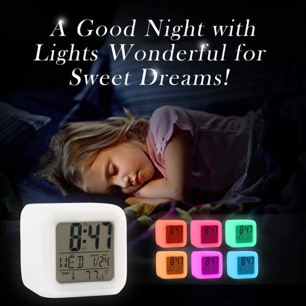 Herätyskello lapsille, digitaalinen herätyskello torkkutoiminnolla, 7 värin yövalo, lasten herätyskello, digitaalinen herätyskello huoneen sisustamiseen