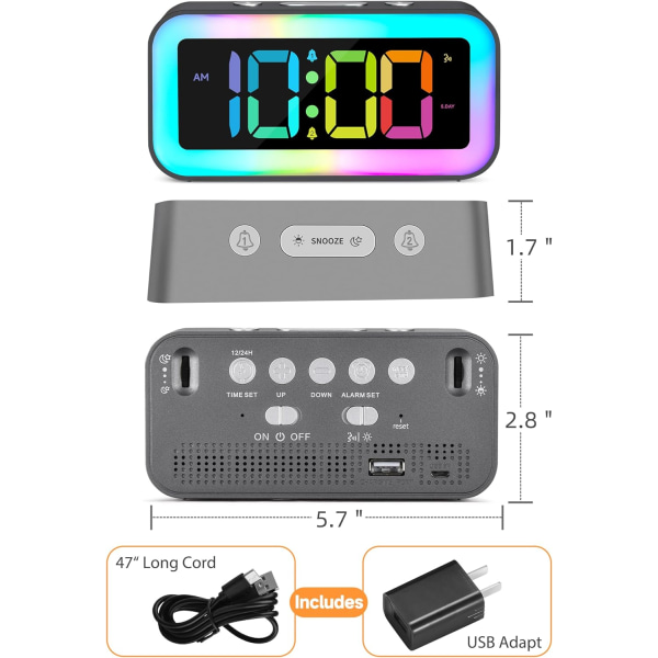 Høj Alarmur til Soveværelse med Farverig Dynamisk RGB Natlampe, Tungsovende Voksen, Dæmper, USB-Oplader, Lille Natbord LED Digitalt Ur til Børn