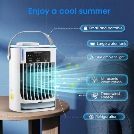 Mini bærbar aircondition. USB-blæser. Vandkøling. Til hjem og kontor. Hvid